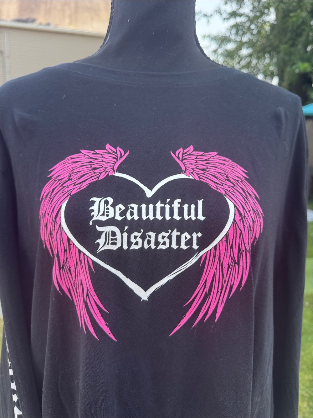 Beautiful Disaster Black Long Sleeve Tee with Pink Wing Heart - Picture 3 of 9
